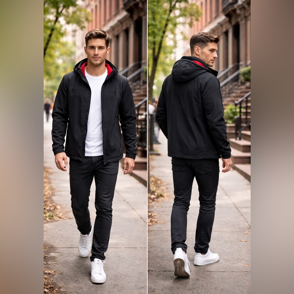 CSG Softshell Jacket Mens Large Black Red Fleece Lined Hooded Athletic Zip